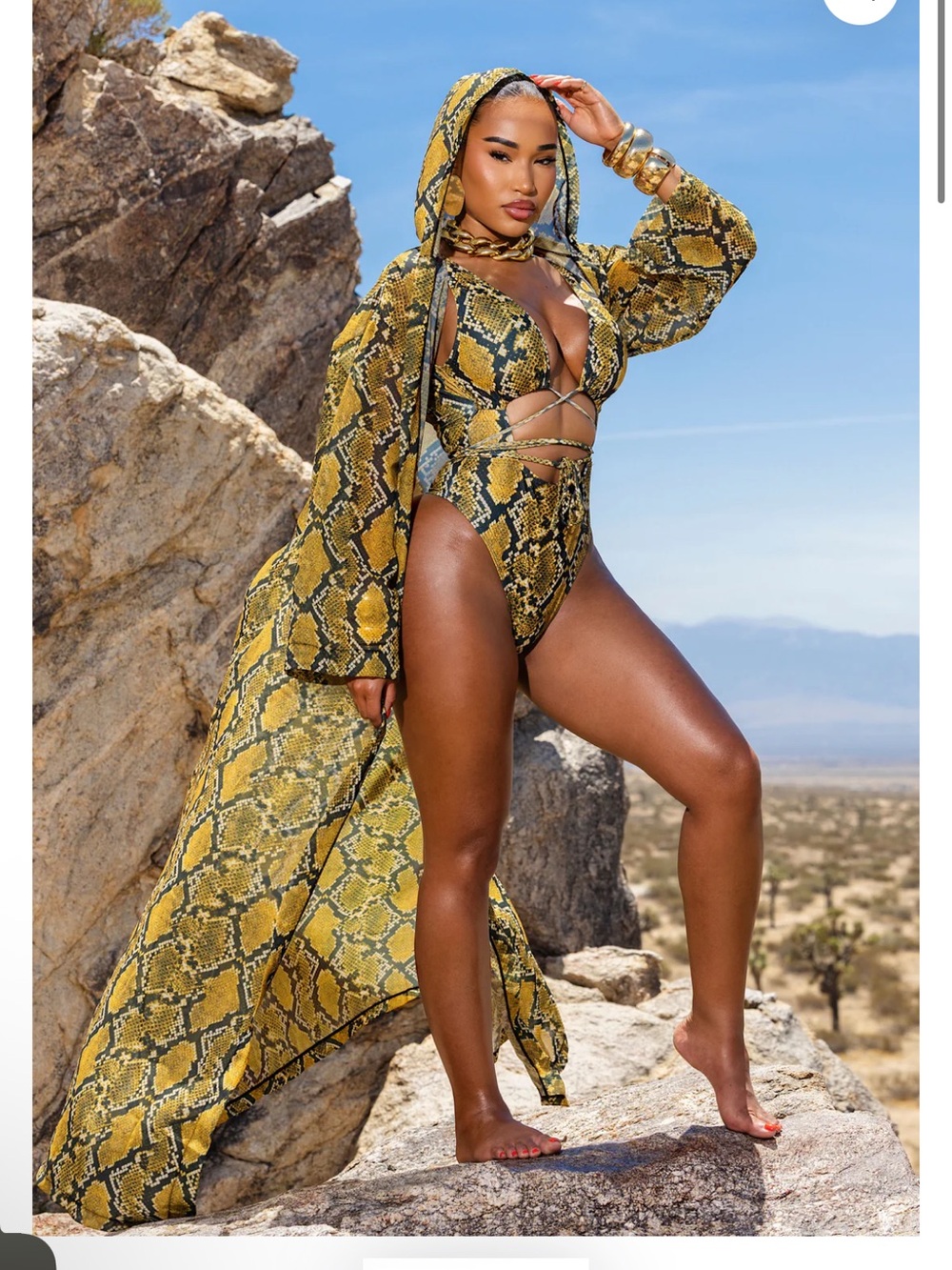 Hooded Snake-Print Swim Coverup in Yellow